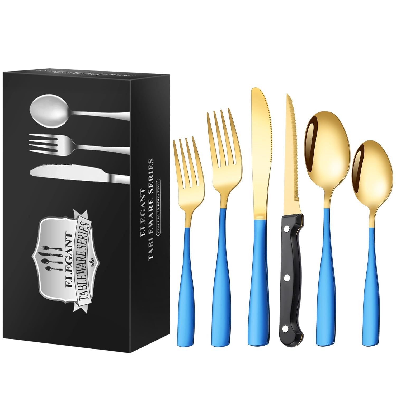 OLSKFUH Cutlery Flatware Cutlery Set, 60-Piece Stainless Steel Square Handle Knife, Fork And Spoon Set Steak Knife, Fork And Spoon For 10 People,Blue Gold