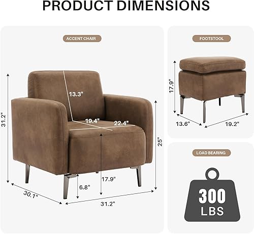 Miniatura 2 de Moderno juego de sillón tapizado de cuero y otomano, moderno de mediados de siglo, sillas individuales cómodas para sala de estar, rincón de lectura