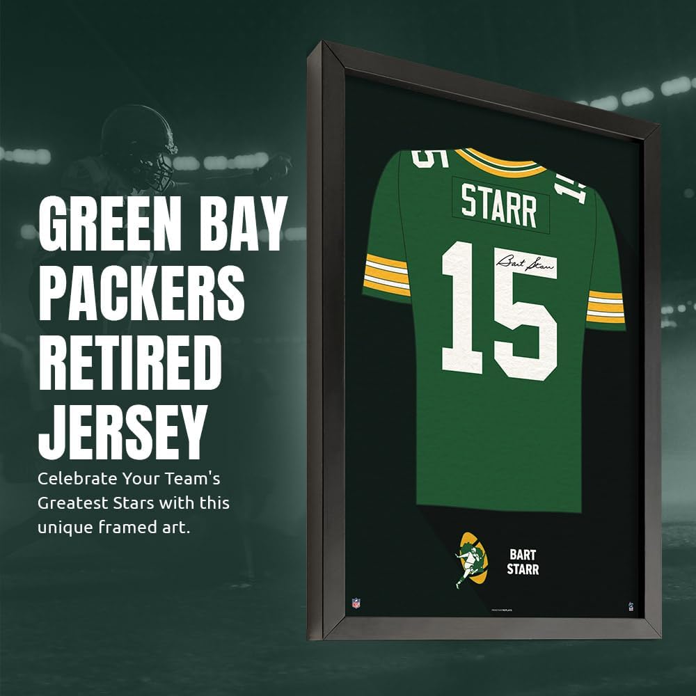 Sporticulture NFL American Football Green Bay Packers - Bart Starr Jersey Print Framed Wall Art Picture Poster for Boys Bedroom and Man Cave Decor - Ready to Hang, Green 14" x 20", Small
