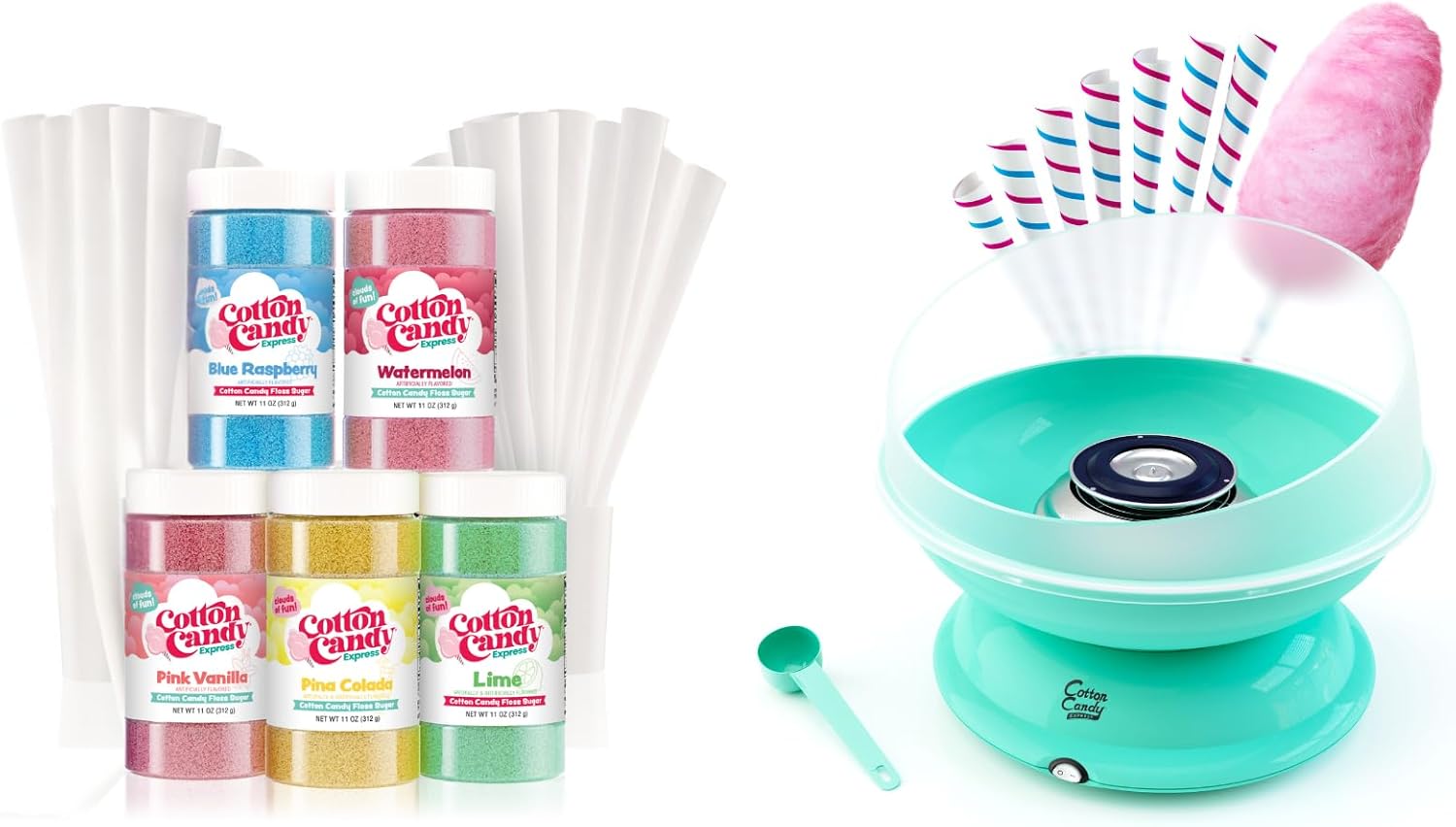 Cotton Candy Express Teal Cotton Candy Machine For Home Use with 5 Flavor Fun Pack Featuring Lime, Blue Raspberry, Pink Vanilla, Watermelon & Pina Colada Floss Sugars