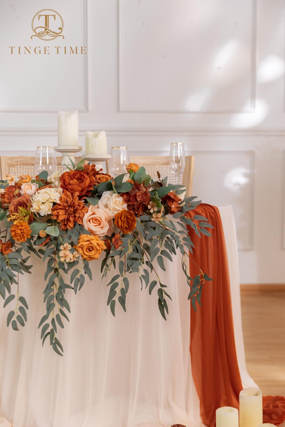 TINGE TIME Artificial Sweetheart Flower Swag with Tablecloth and Table Runner, Pack of 3 Floral Arrangement for Autumn Wedding Sweetheart Table Centerpiece Fall Decoration (Terracotta)