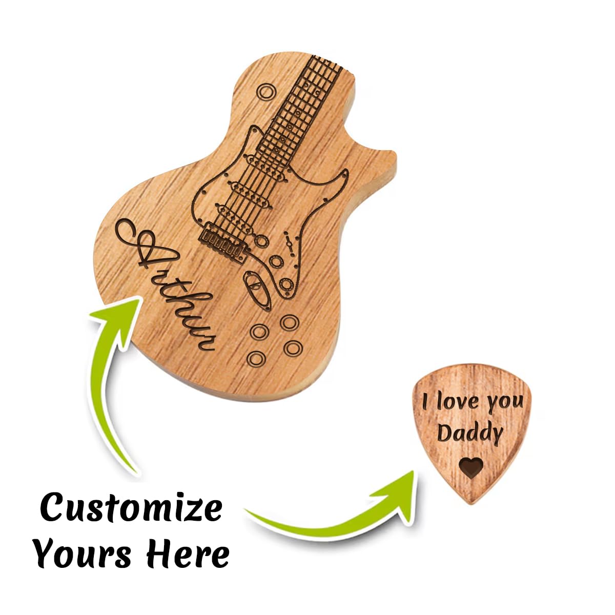 Personalized Wood Guitar Pick Holder with 3 Pcs Picks,Custom Engraved Name,Text Gift For Dad,Husband,Son,Gift For Valentine's Day,Birthday,Father's Day Gift