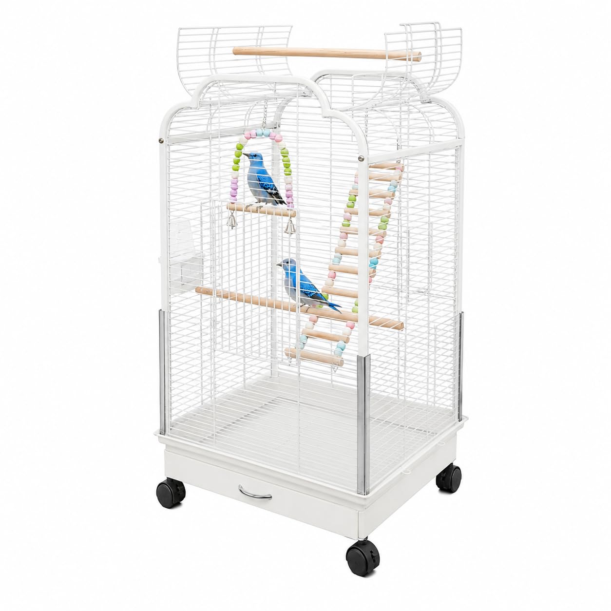 Grande cage à oiseaux avec double toit à ouverture et bol amovible, cage pour perroquet avec balançoires, armatures d'escalade, mangeoires et abreuvoirs, 48 x 45 x 95 cm (blanc)