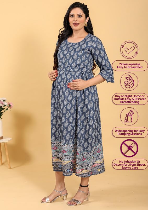 Image of RITIJYA Zipless Feeding Kurtis & Dresses for Women | Zipless Maternity Wear Gown Pregnancy Dress for Nursing Mothers | Viscose Rayon | Stylish & Comfortable | S to 4XL | Washable & Durable