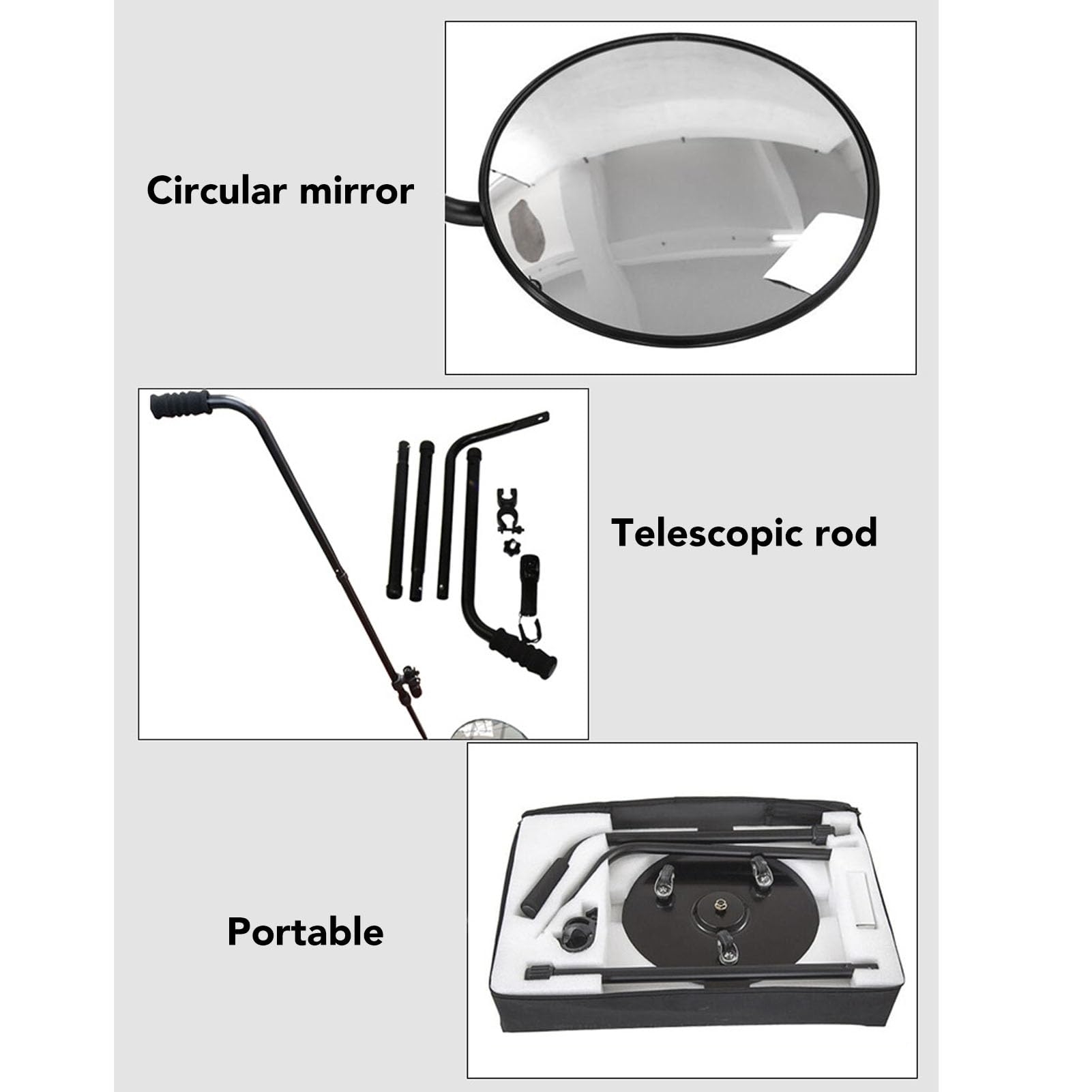 Espejo telescópico portátil de aluminio para inspección de vehículos con luz LED, control de seguridad, convexo, aumento 2X, para automóviles, camiones, autobuses escolares y equipos industriales.
