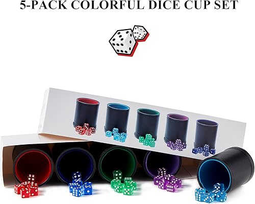 Miniatura 7 de Paquete de 5 dados de cuero negro con interior forrado de fieltro de terciopelo colorido y 30 dados transparentes coloridos a juego