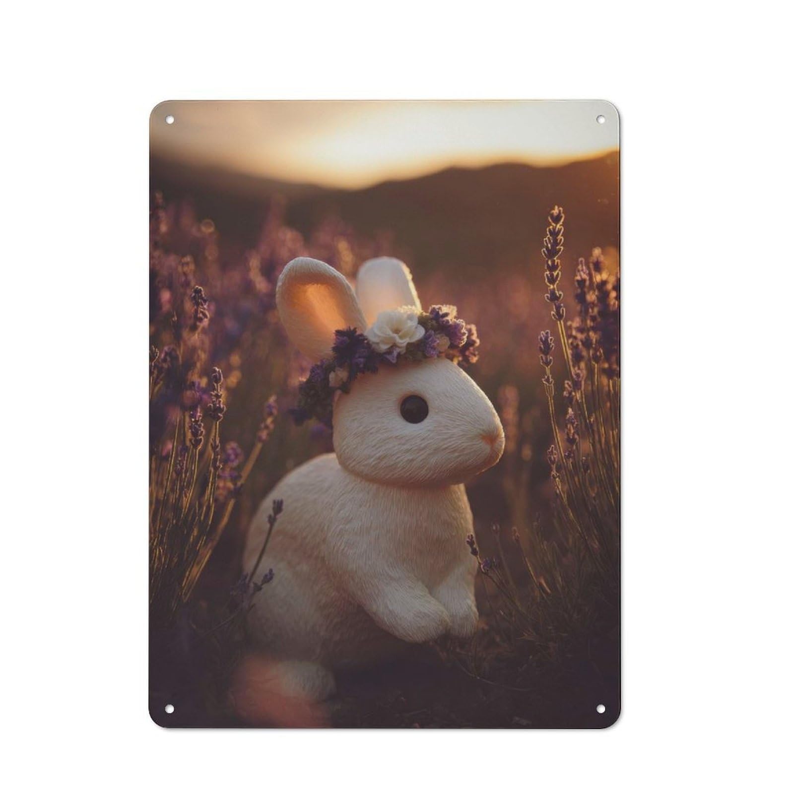 Junmoney Rabbit With Flower Crown In Lavender Field Cottage Metal Wall Decor 40X30cm, Shed Metal Sign For Patio Bar, Workshop, Shed Or Kitchen