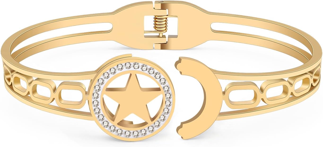 Stainless Steel 18K Gold Silver Plated Crystal Lucky Star Bracelets Fun Pentacle Hollow Out Cuff Bangle Jewelry For Women Friendship Charms Gifts - Image 5
