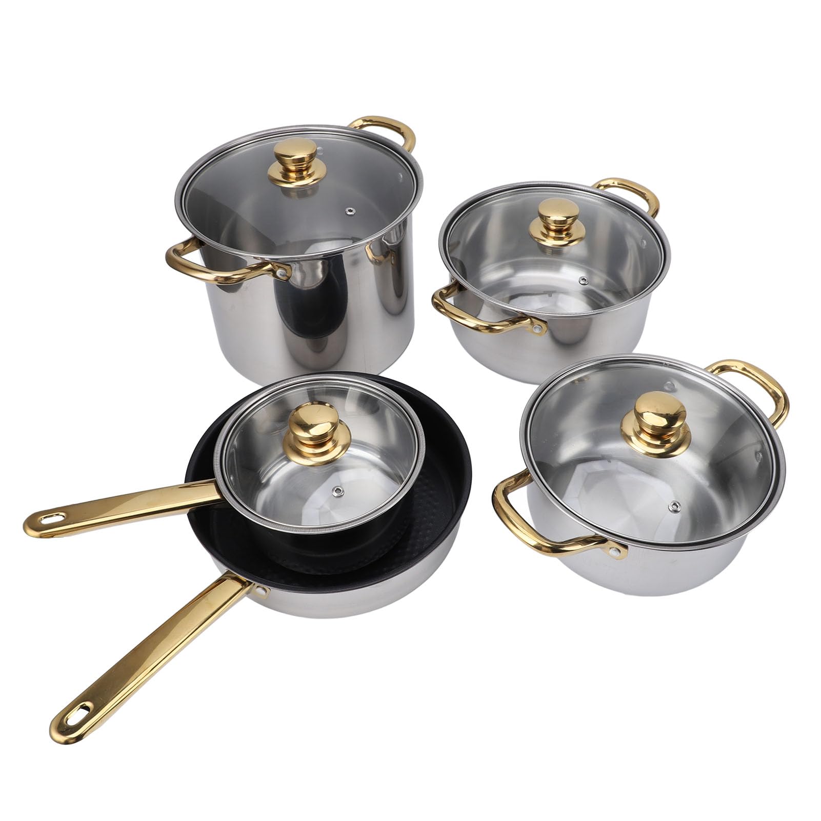 Juego de utensilios de cocina ergonómicos de acero inoxidable con asas doradas, ollas y sartenes multifuncionales con tapas de cristal, ideal para cocina