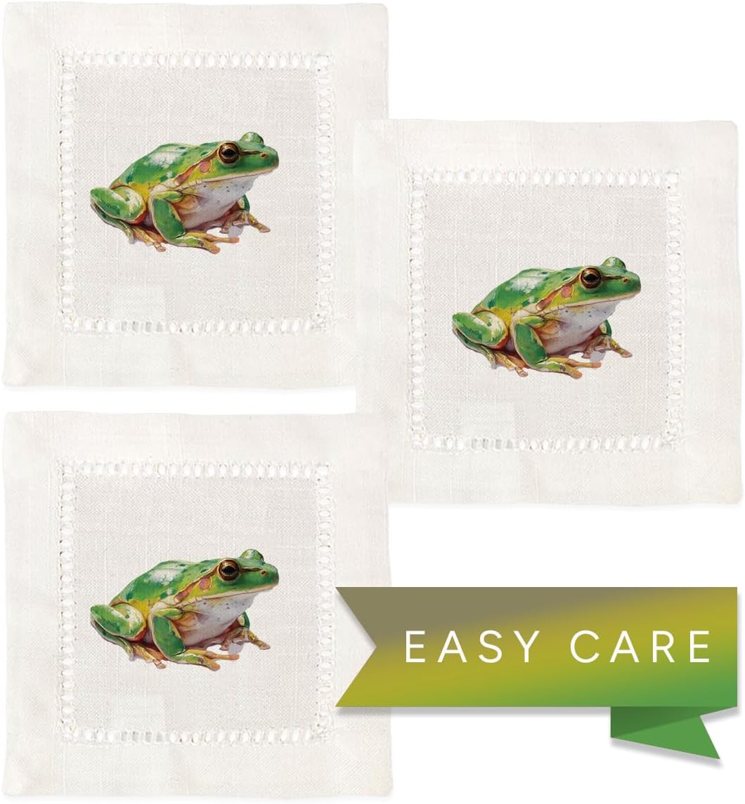 Jolitee Decorative Hemstitch Cocktail Napkins, 6"x6" Washable Linen-Like Cloth Napkins, Handmade for Entertaining and Everyday Use (Green Frog)