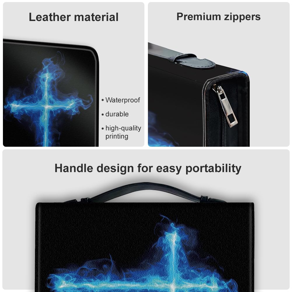Hobbspring Bible Cover Case for Men Women Cross Book Cover with Bookmark Fluorescent Flame Special Carrying Bible Cases with Handle and Zipper PU Leather Storage Bags for Adults Students(Blue Black) - Image 4