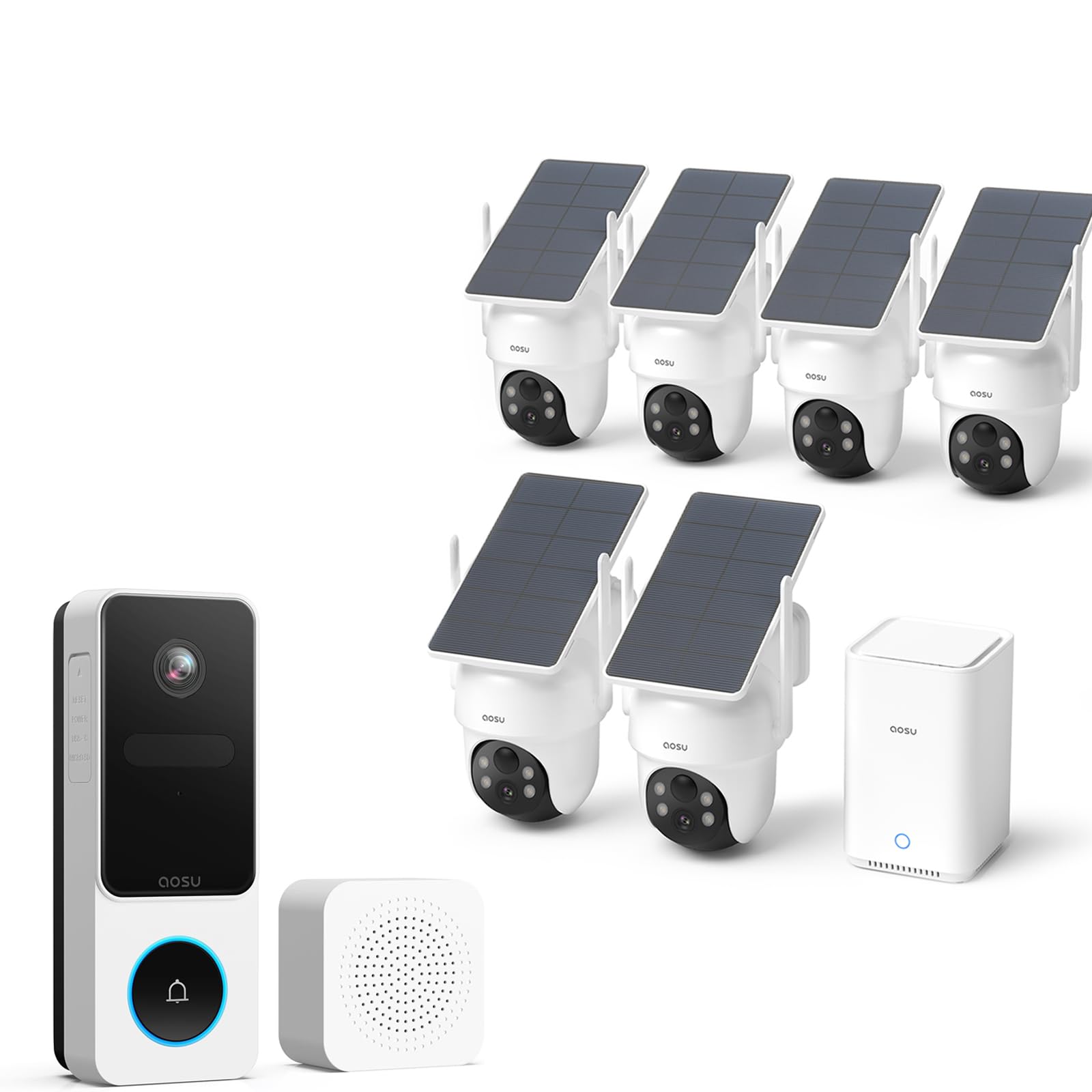AOSU Outdoor Security Bundle – 6-Cam Wireless Solar Camera Kit with 360° Pan-Tilt + Smart Wireless Video Doorbell with Head-to-Toe View, Package Detection, No Subscription, Works with Alexa & Google A
