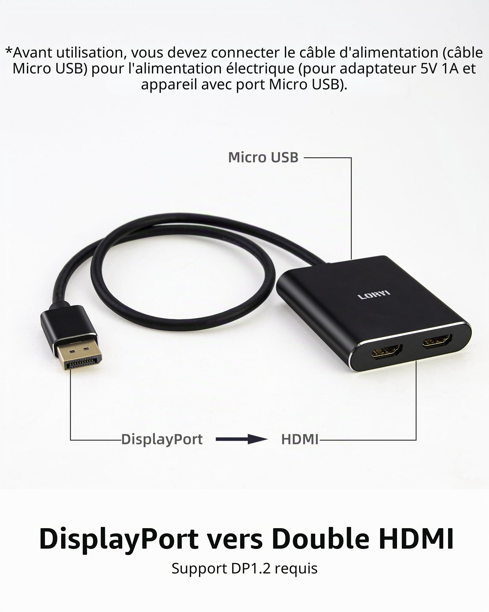 Répartiteur DisplayPort vers double HDMI, répartiteur multi-écrans 4K 60 Hz, double moniteur DP vers 2 moniteurs HDMI pour ordinateur portable, carte graphique, PC, compatible Windows, mode étendu MST
