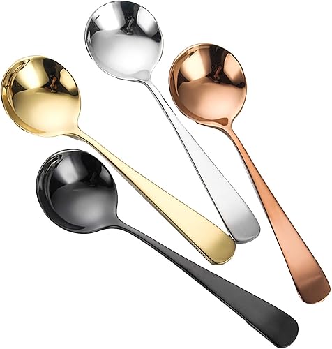 SOONHUA 4 cucharas de cabeza redonda de acero inoxidable, cuchara gruesa de mango corto para sopa, antipasto capuchino