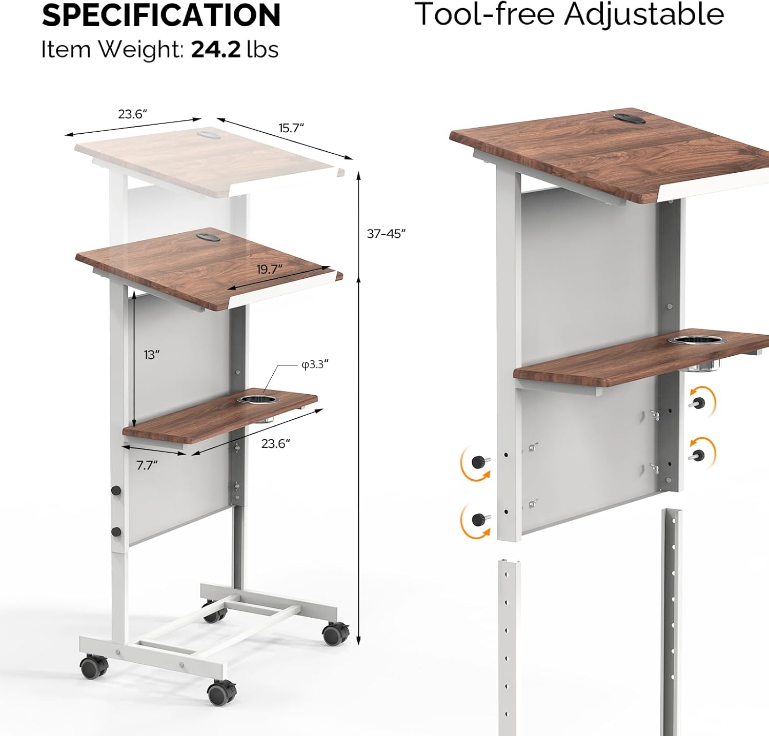 VINGLI Portable Podium Stand, Height Adjustable Lectern Podium with Shelf for Reports, Mobile Stand Up Lectern, Rolling Pulpits for Church with Edge Stopper (White/Brown, 24'' Wide)