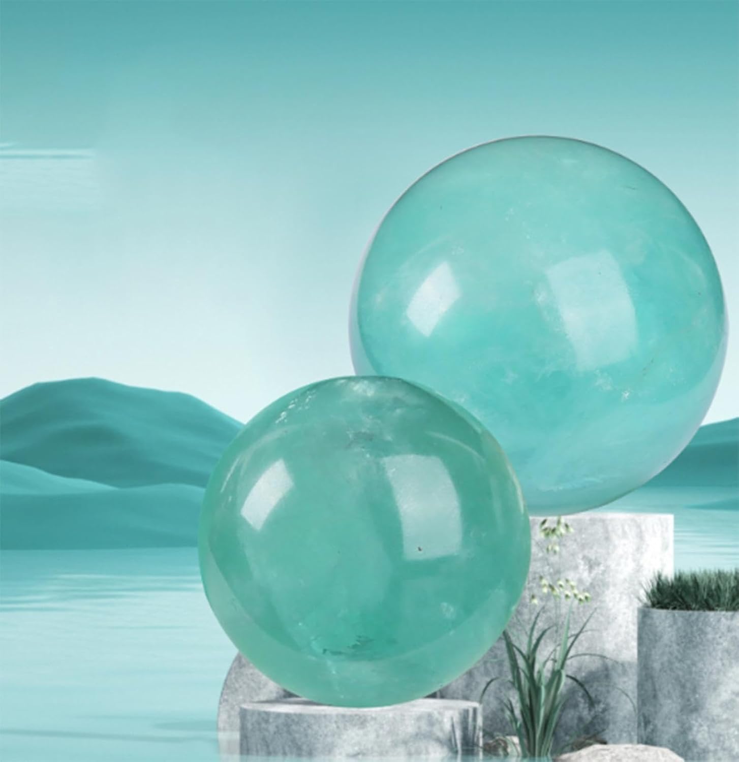 Green Fluorite Crystal Gemstone Sphere Feng Shui Polished Divination Crystal Ball Quartz Stone for Home Office Table Display,8-9cm