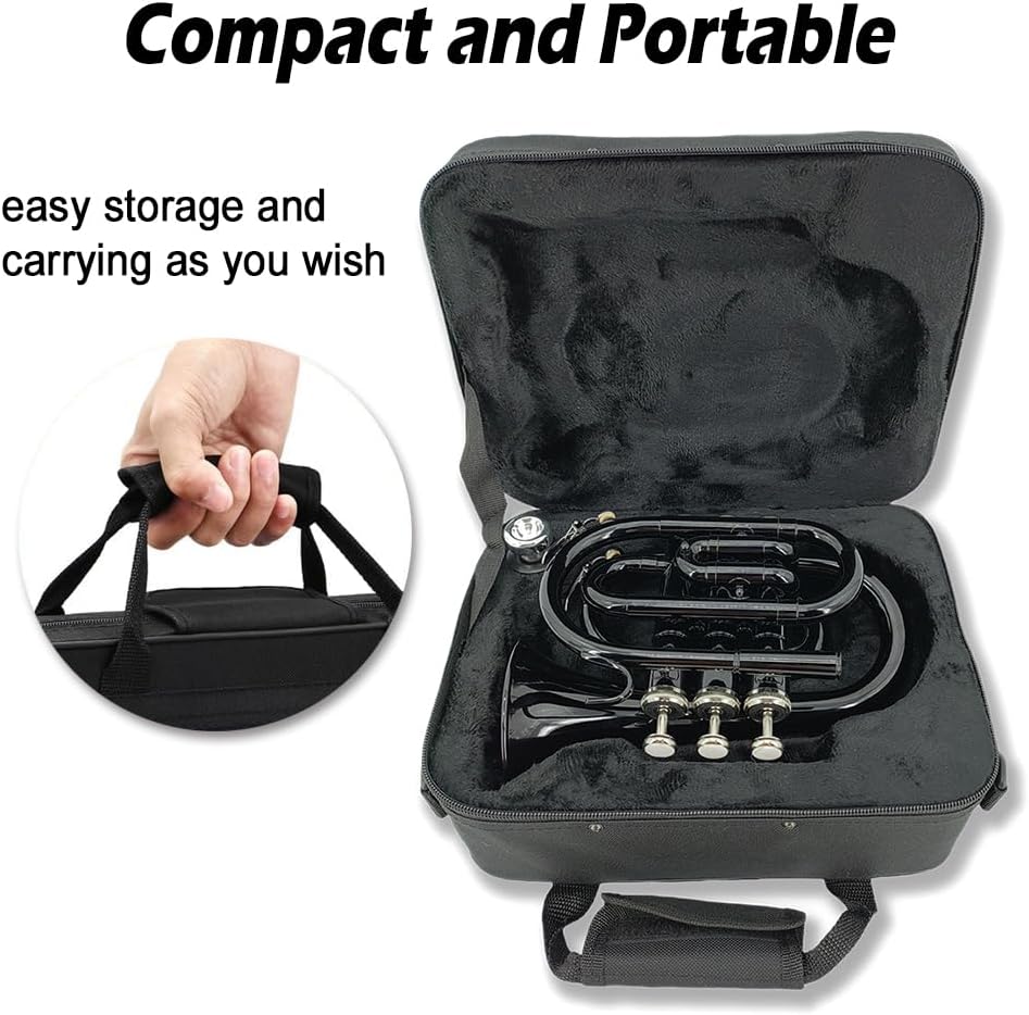 Yinfente Bb Flat Pocket Trumpet Bass Trumpet For Beginner,Student With Cleaning cloth, Silver plated 7C mouthpiece,hard case White gloves (Black)