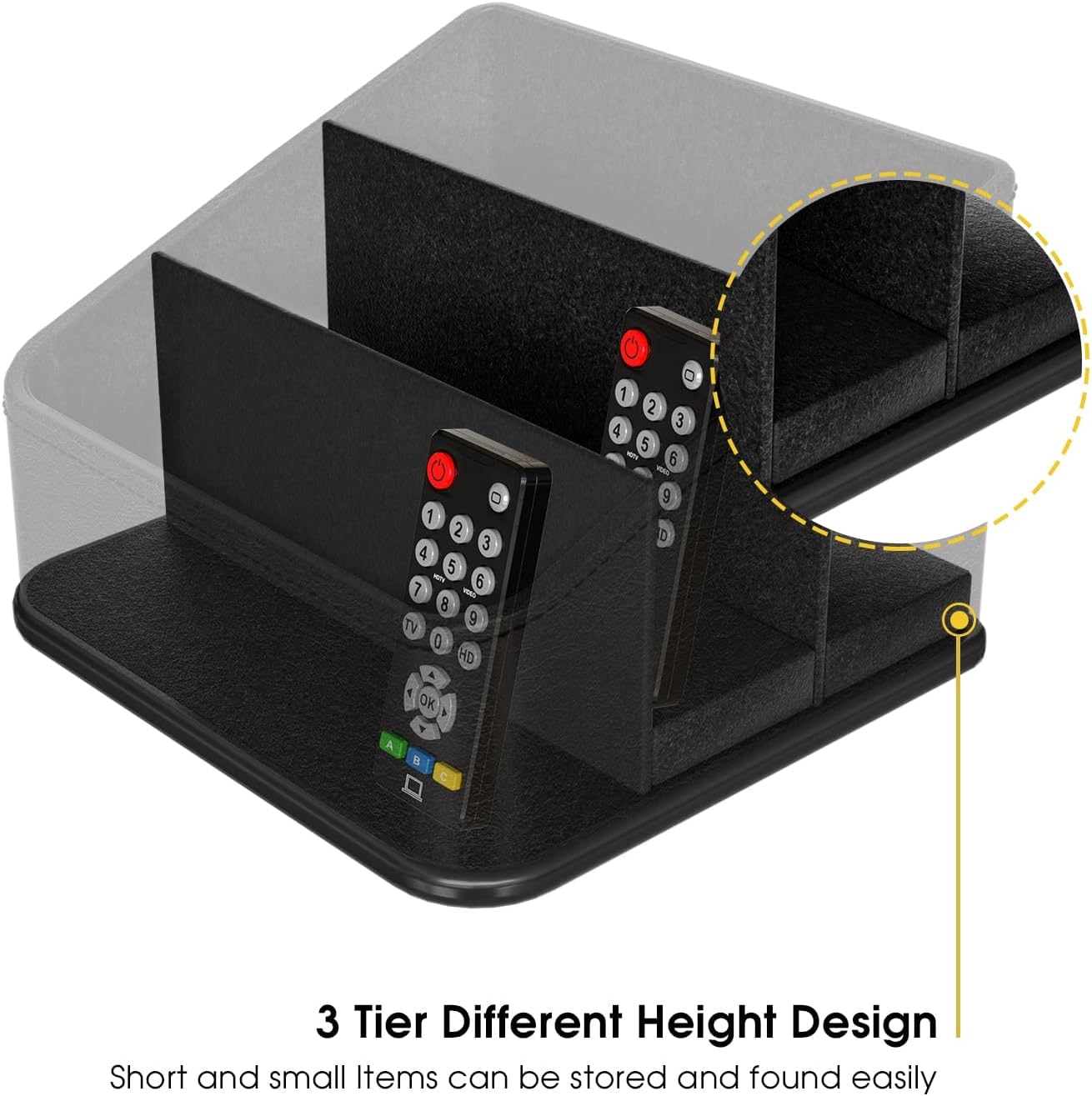 JACKCUBE Remote Control Holder with 3 Compartments, PU Leather Remote Caddy Desktop Organizer for TV, DVD, Blu-Ray, Media Player, Heater Controllers (Black) - MK122B