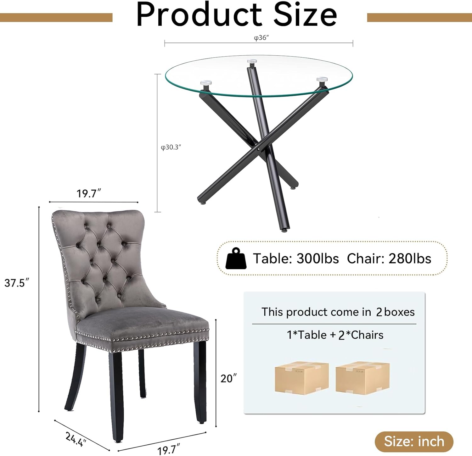 Henf 3-Piece Round Glass Dining Table Set with 2 Upholstered Chairs, 36'' Round Dinner Table Set for Small Space, Dining Room Furniture Circular Glass Kitchen Table Chairs Set for 2