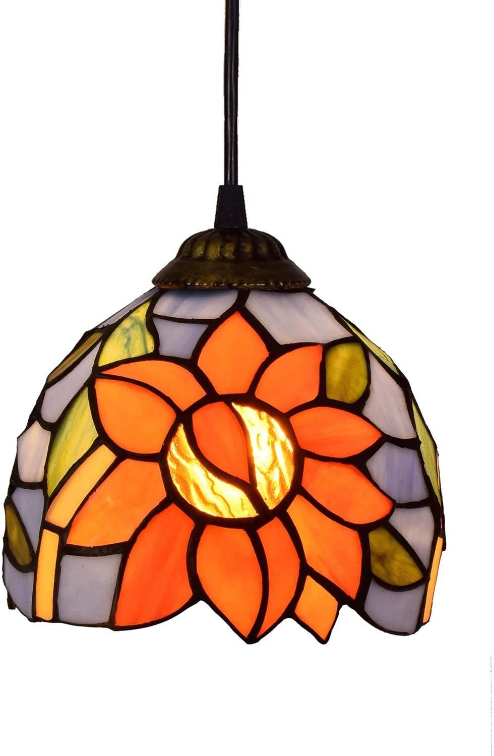 DALUXE Tiffany Country Style Ceiling Light LED Light Dini 6 Inch Tiffany Style Small Pnedent lamp Orange Flowers Glass Pendant Light Ceiling Hanging Lamp Fixture Shade, For Dining Room