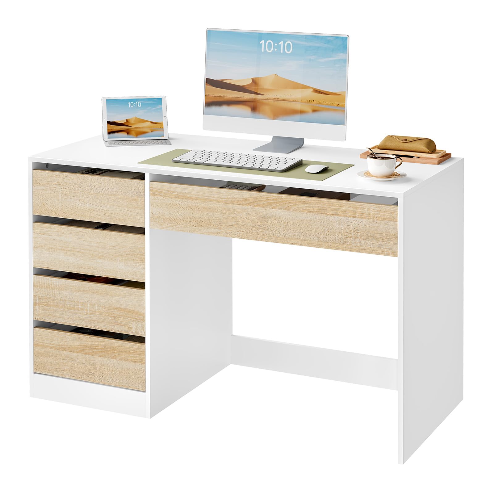 eSituro Escritorio con 5 Cajones, MDF, 120x55x75 cm, Blanco-Beige | Resistente al Agua, Cajones de Apertura Suave, para Dormitorio y Estudio
