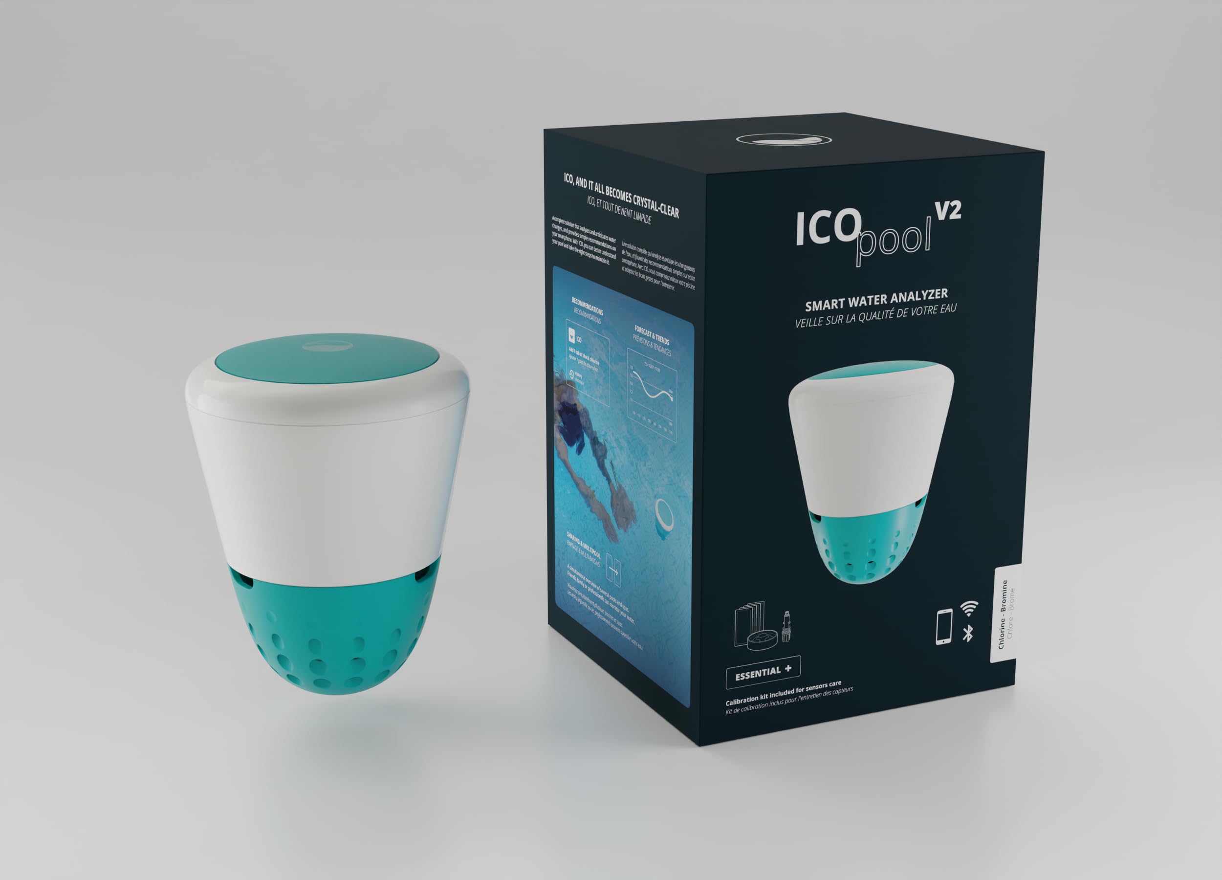 Ondilo ICO Pool V2 Essential+ Chlore Brome - Analyseur d'eau connecté pour piscines traitées au Chlore ou au Brome - Mesures toutes les heures pH, ORP, température de l'eau - Kit de calibration inclus