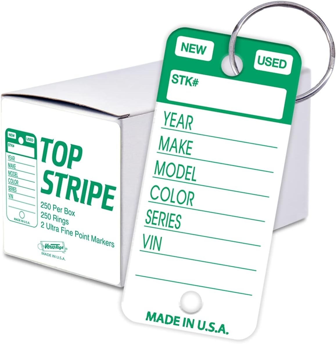 Versa-Tags Top Stripe Key Tags, 250 Car Key Tags Write On Heavy Duty Plastic Key Tags, and White Tear Proof Vinyl Poly Key Tags (Green), 2 Markers and 250 Rings Included