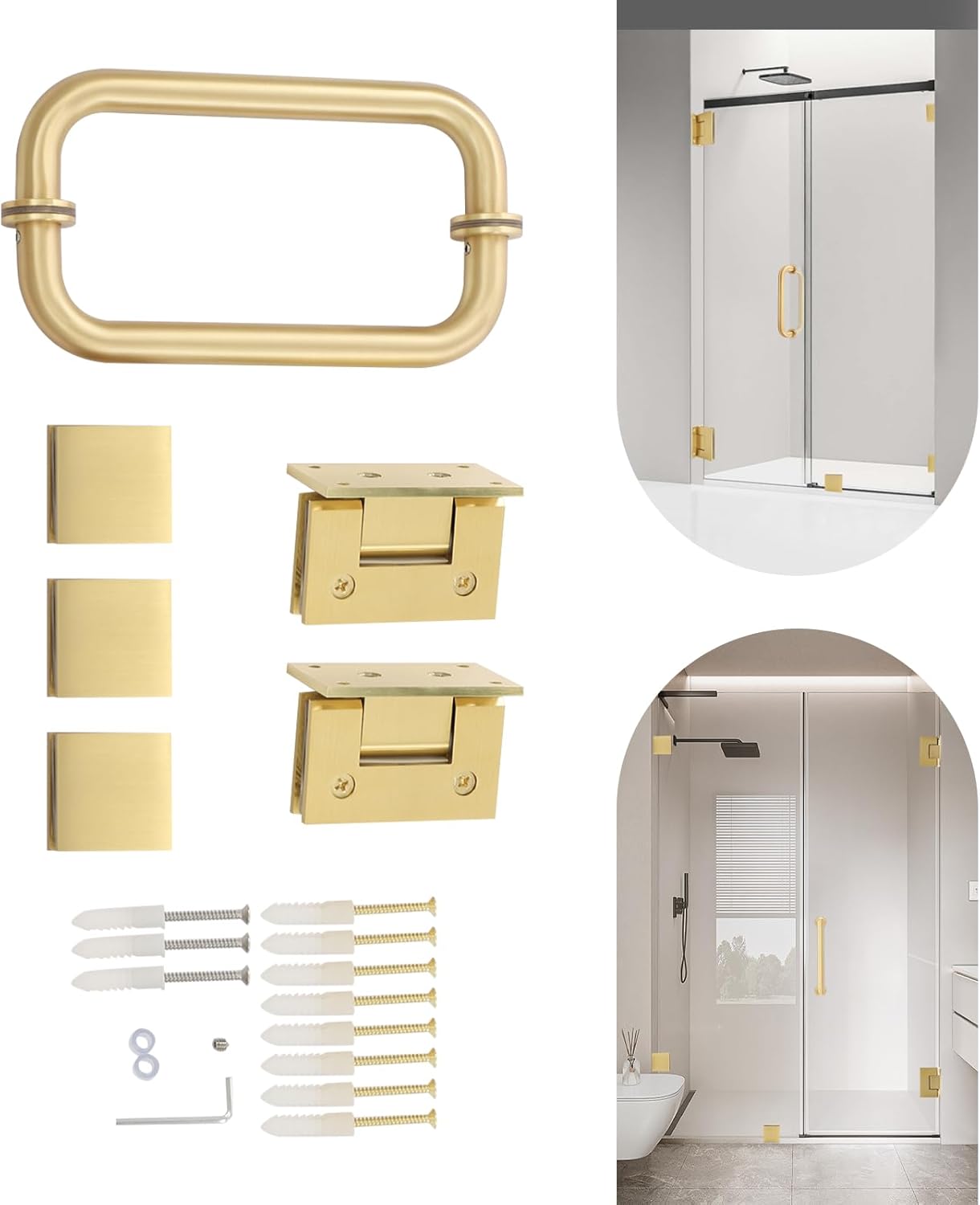 Shower Door Hardware Accessorie for Frameless Swing Hinged Shower Doors, Including Shower Door Hinges and Handles, Glass Clamps for 5/16”to 4/10”Thick Glass (Gold)