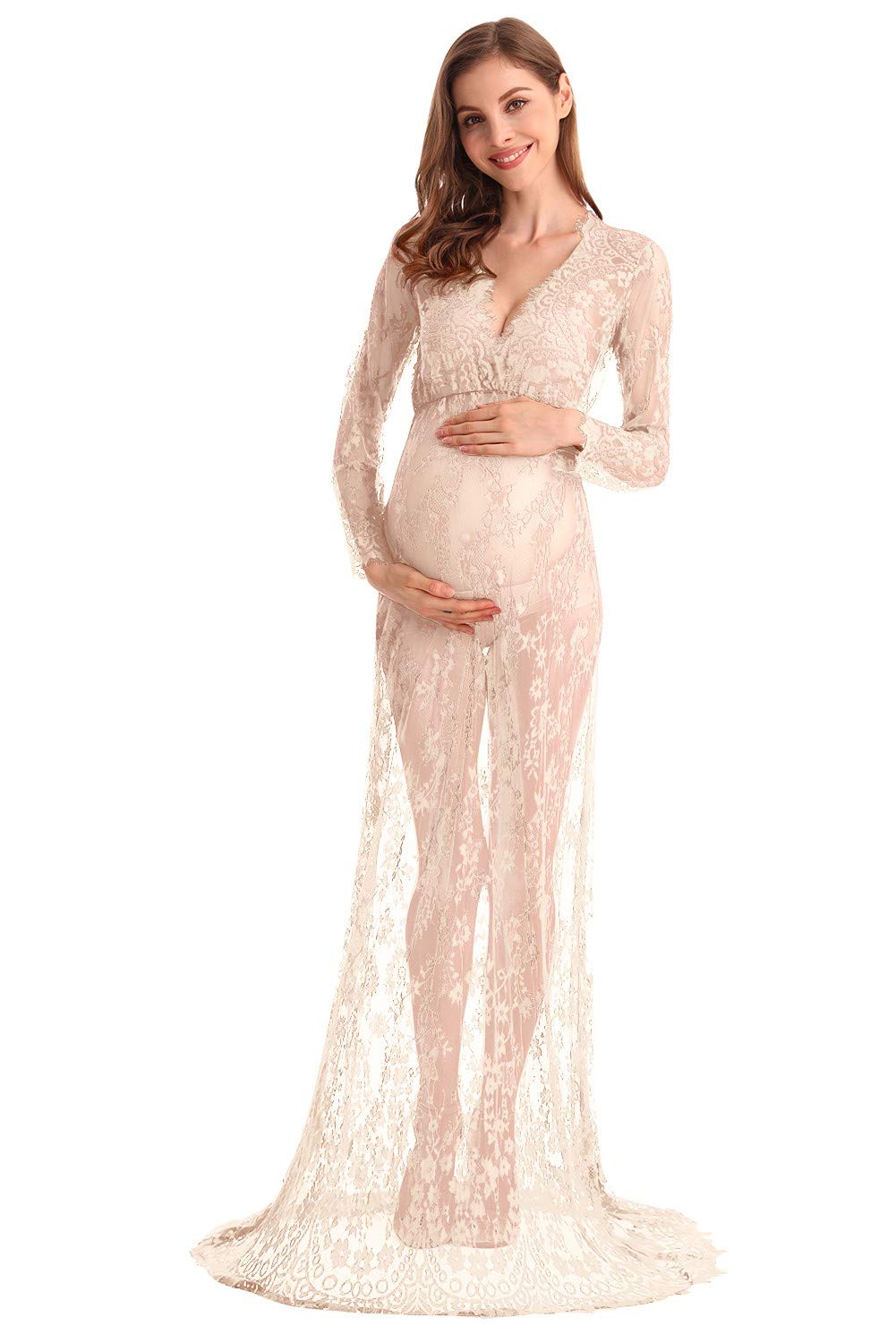 MYRISAM Boudoir Maternity Long Sleeve Lace Dress Women Deep V-Neck Wedding Party Long Dress Milk Bath Photoshoot Gown