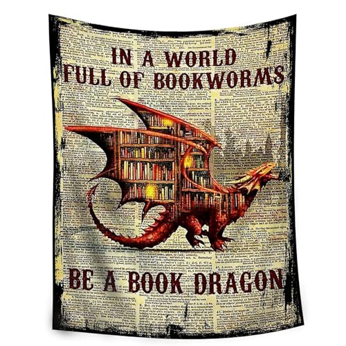 Book Dragon Fleece Blanket Cozy Throw for Book Lovers Vintage Dragon Design on Text Background Warm and Soft Reading Blanket for Home Couch or Bed (L50 xW40)