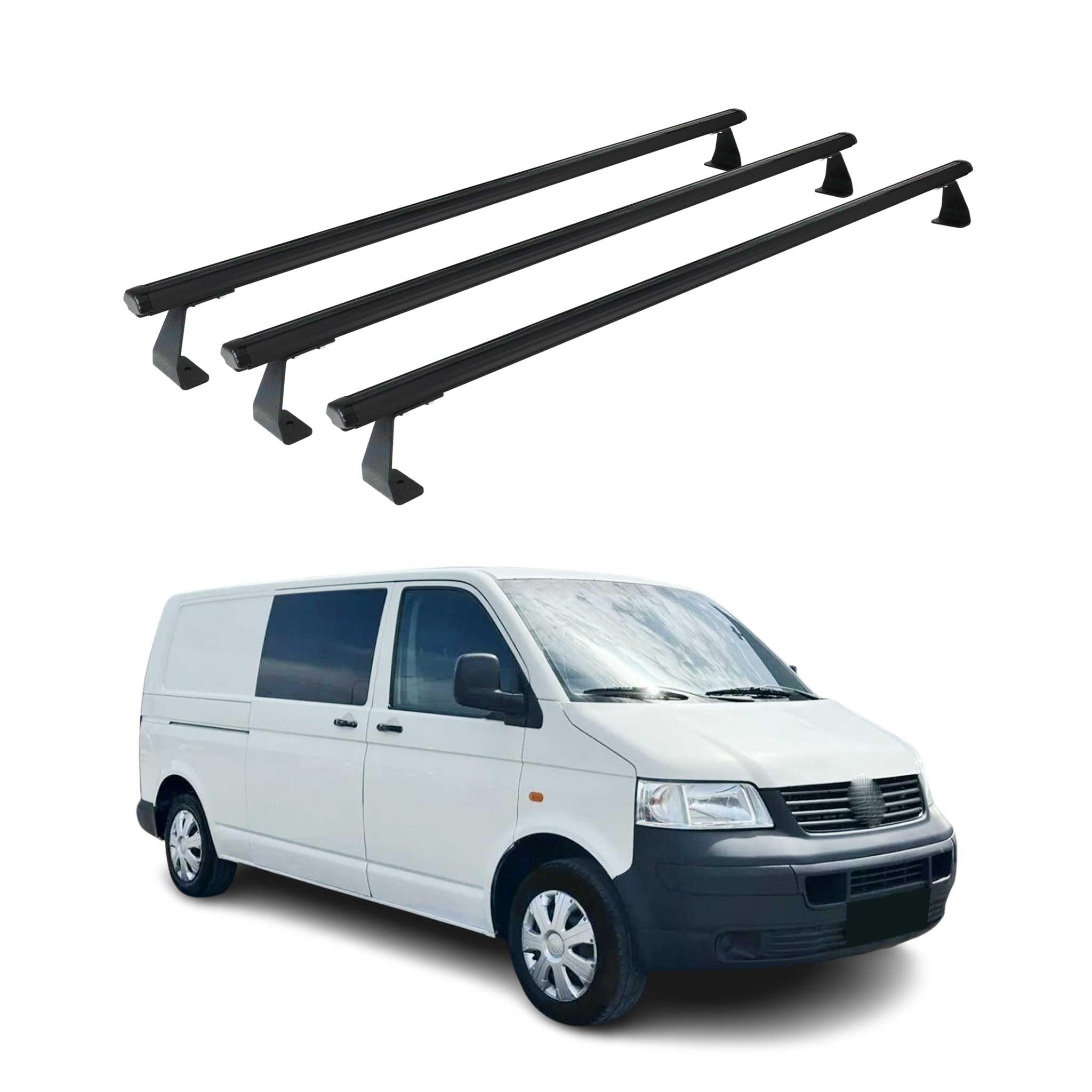 OMAC Heavy Duty Barras de Techo Transversales Compatibles con VW T5 T6 Transporter Multivan Caravelle 2003-2024 – 3 Stangen – Aluminio Negro