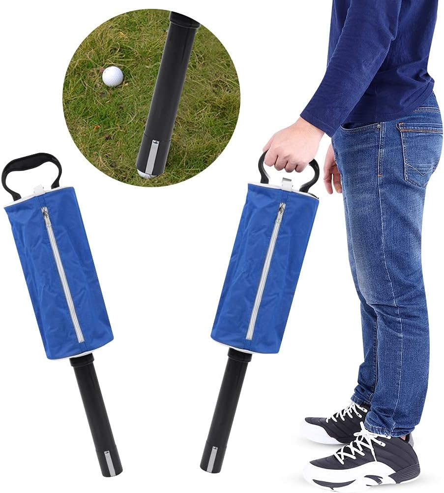 Golf Ball Retriever, Golf Ball Shag Bag, Golf Ball Collector, Golf Ball Pick Up with Detachable Aluminum Tube Tee Holder, Pocket Shagger Storage for Golf (Holds 70 Balls) (Blue)