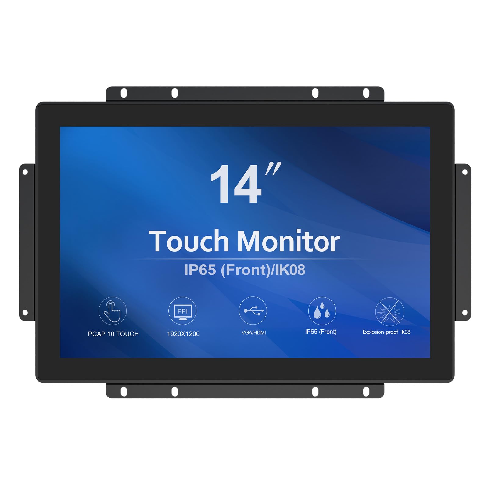 GreenTouch Monitor touch screen industriale da 14 pollici, 1920 x 1200 pixel, 10 punti PCAP Open Frame, HDMI, VGA, DVI, frontale IP65 IK08, nero