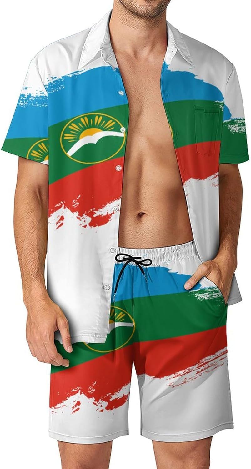Mens Guatemala Flag Brush Stroke 2 Piece Short Sleeve Casual Button Down Shirt And Shorts Suits