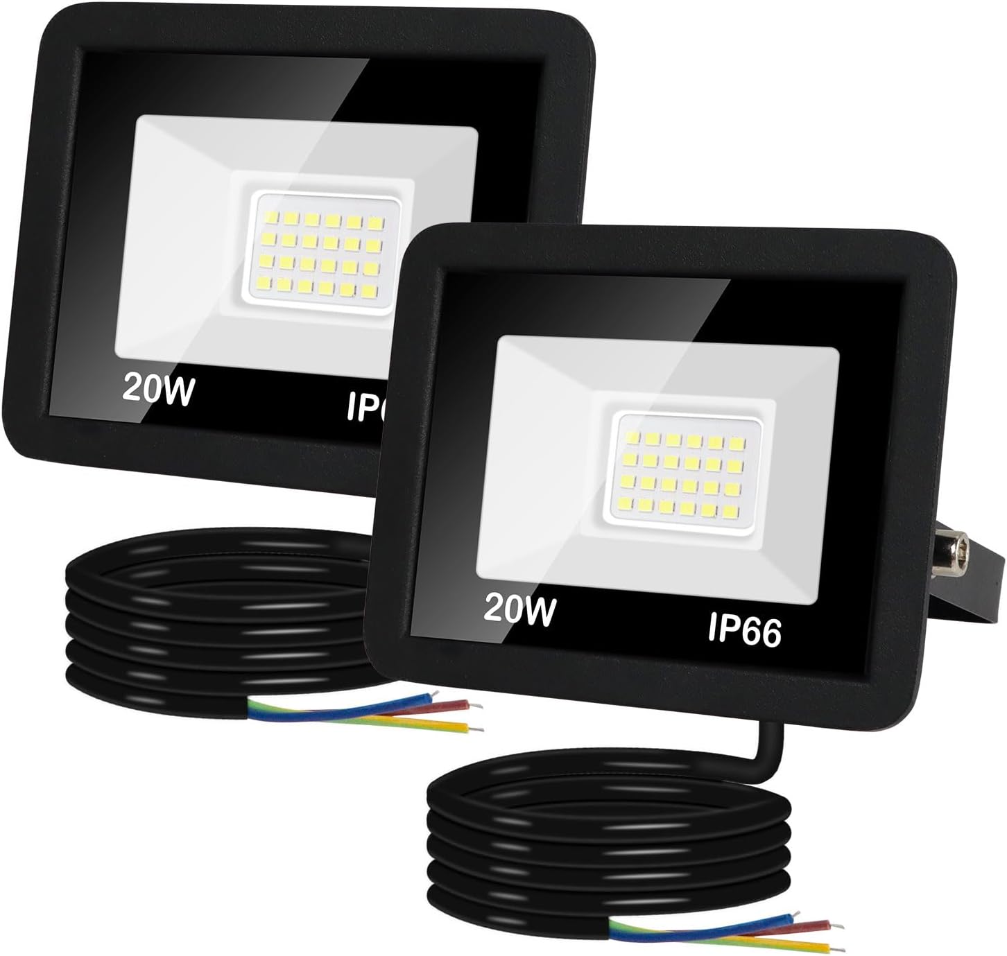 20W LED Floodlight Outdoor, 2000LM Super Bright LED Security Lights IP66 Waterproof, 6000K Daylight White Outdoor LED Flood Lights with 1M Wire for Garden, Garage, Backyard, Pack of 2