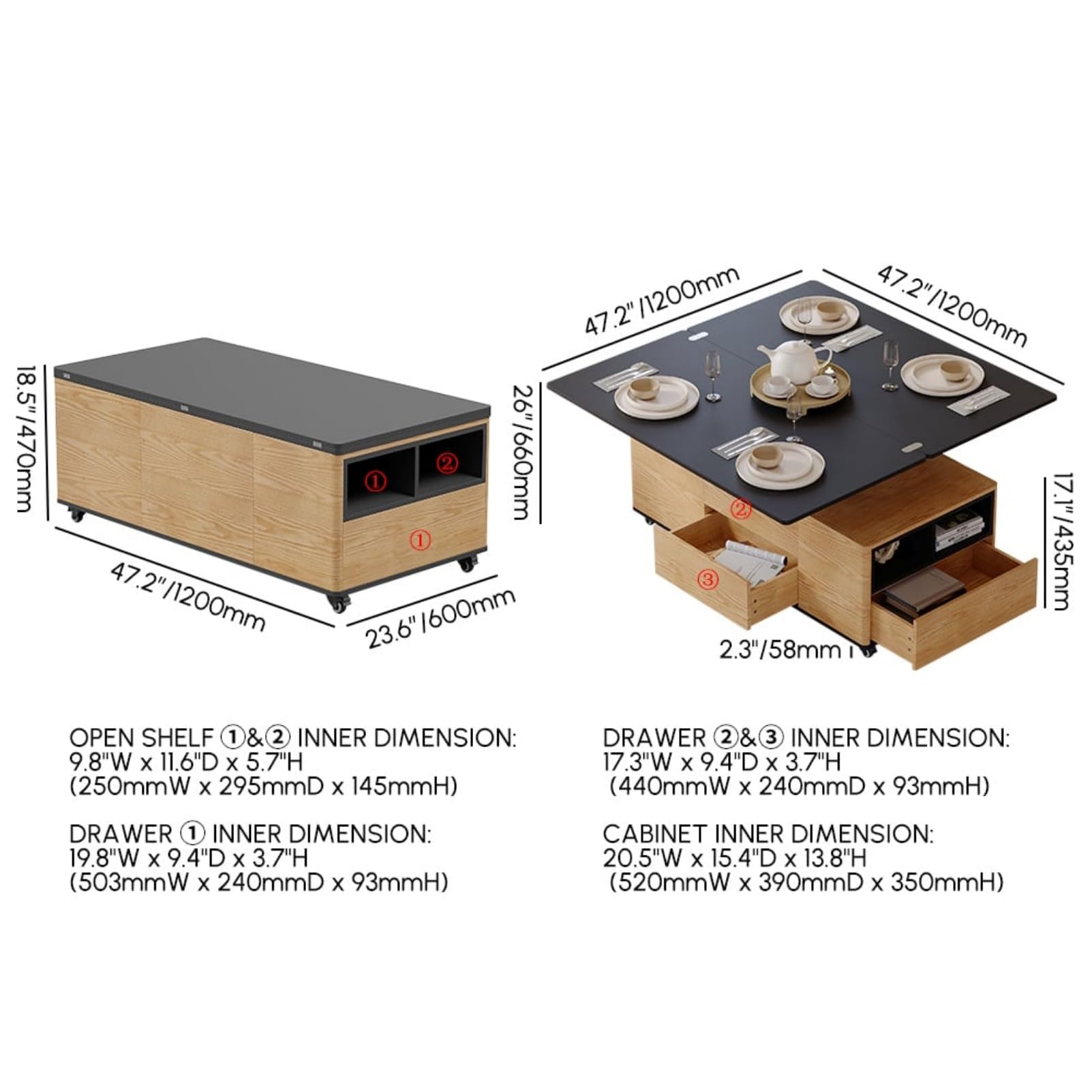 Homary Table Basse Relevable, Table Basse Salon Bois avec Rangement Caché, Mode Bureau Salle à Manger, Tournante Hydraulique, Meuble Convertible, Hauteur Réglable, Tabouret Non Inclus