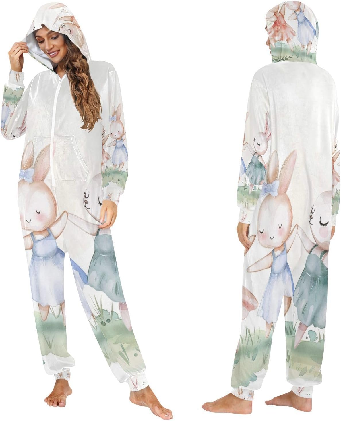 Rabbit Flower Watercolor Bunny Unisex Adult Onesie Pajamas Comfy One Piece Costume Jumpsuits Novelty Sleepwear Homewear for Men Women
