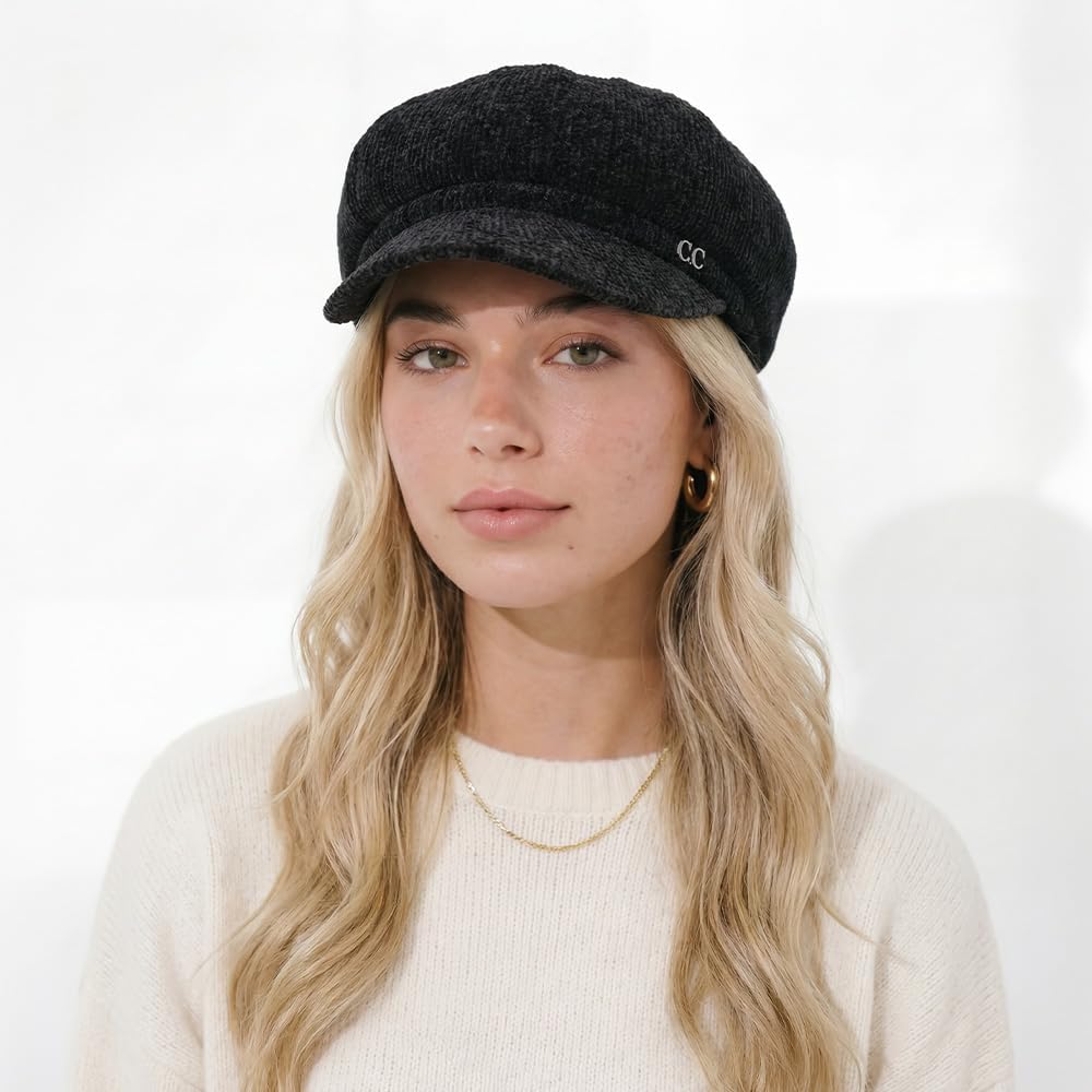 C.C Knitted Newsboy Cap for Women – Soft Knit Hat with Adjustable Velcro, Lightweight Warm Winter Style