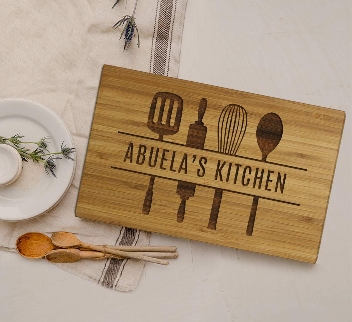 Andaz Press Large Bamboo Wood Cutting Board Gift, 17.75 x 11-inch, Abuela's Kitchen, Utensils Graphic, 1-Pack, Laser Engraved Serving Chopping Board Christmas Birthday Chef Kitchen Ideas