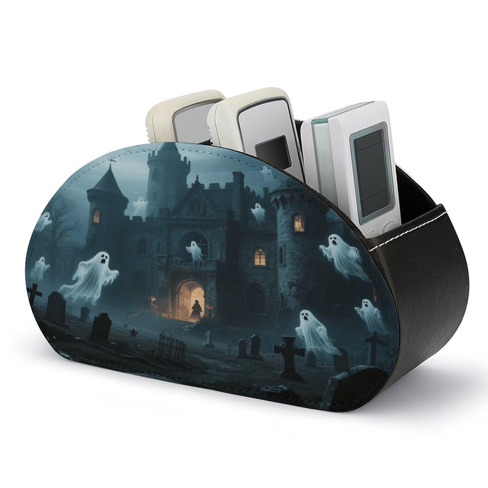VstaDank Ghost Castle Remote Control Holder with 5 Compartments PU Leather TV Remoter Caddy Desktop Organizer TV Remote Holder Remote Box for Media Controllers Office Supplies