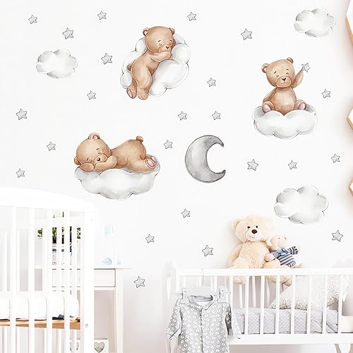 Calcomanías de pared con diseño de oso de bebé dormido, diseño de luna y estrellas de sacinora para bricolaje, vinilo extraíble para niños,