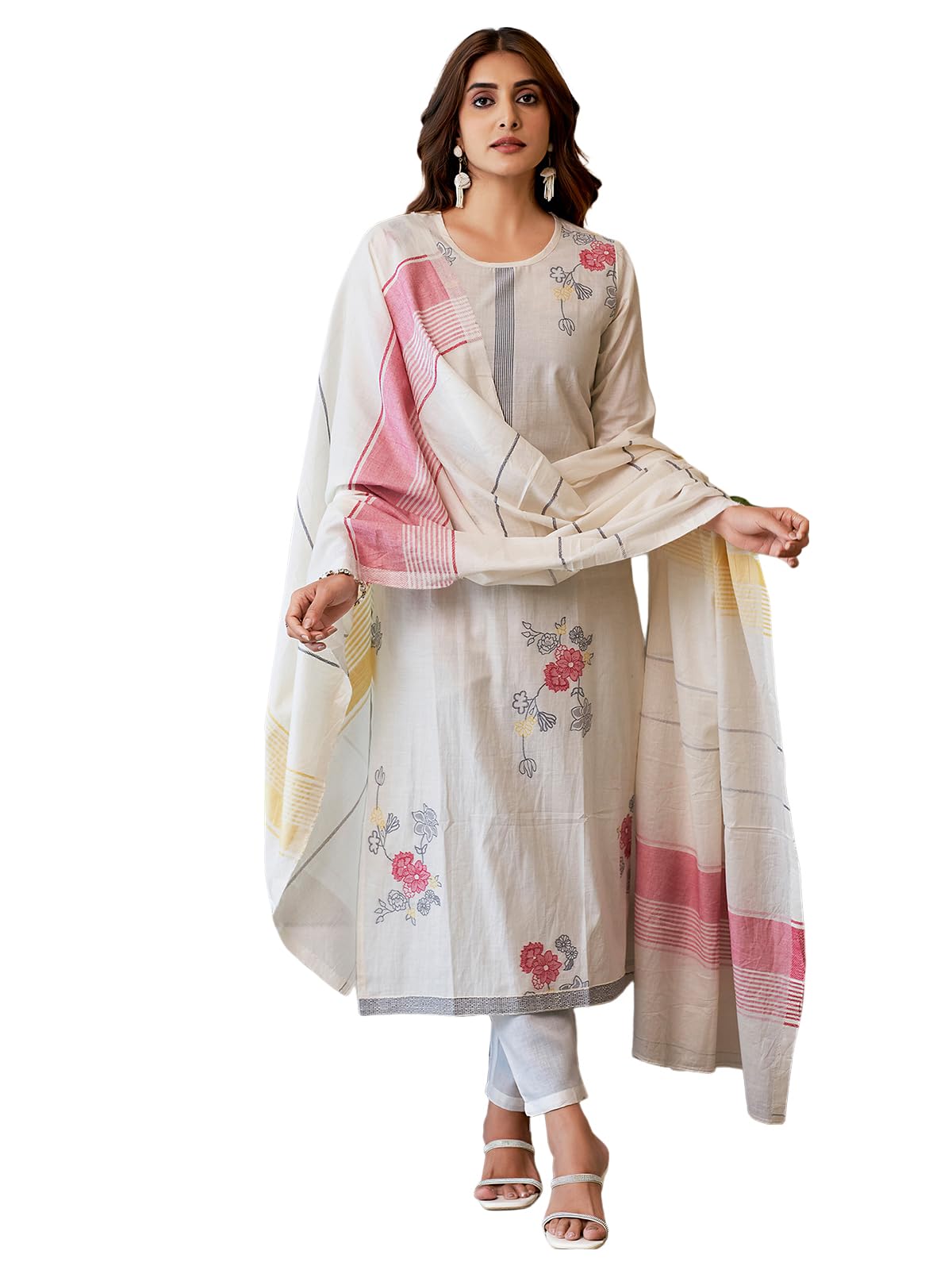 Sanisa Women's Cotton Jacquard Work Straight Kurta With Pant And Dupatta Set (212Kbd2243N-Xxl_Off White & Multi)