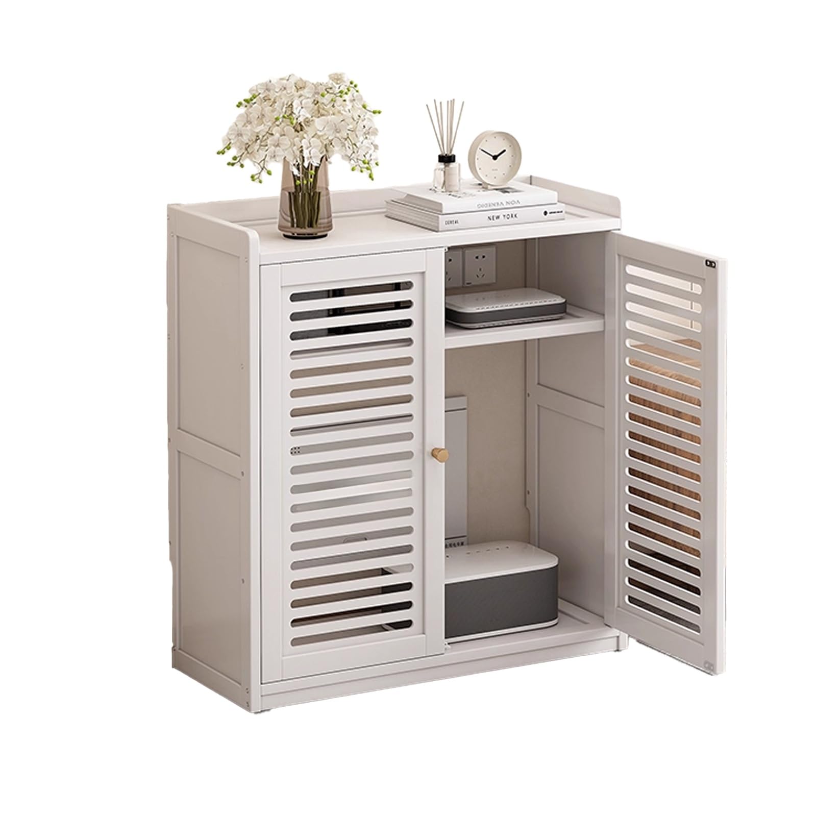Mueble de enrutador WiFi para oficina y salón con estantes de bambú