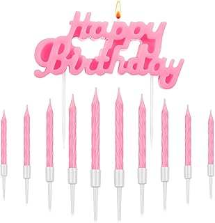 MTLEE Happy Birthday Candles for Cake Birthday Candle Topper with 10 Pcs 2.95 Inch Candles Short Thin Spiral Candles for Cake Topper Birthday Decoration Party Supplies (Pink)