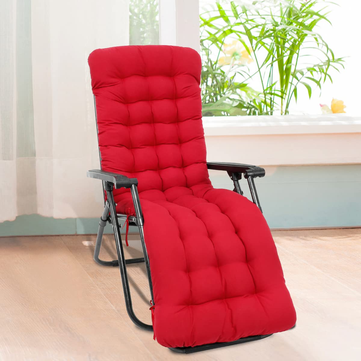 Coussin de Chaise Longue Bain de Soleil, Coussin Transat Jardin Exterieur avec Capuche Antidérapante, Coussin Matelassé Chaise Longue Épais, Coussin Transat pour Fauteuil Relax Lounge (Rouge)