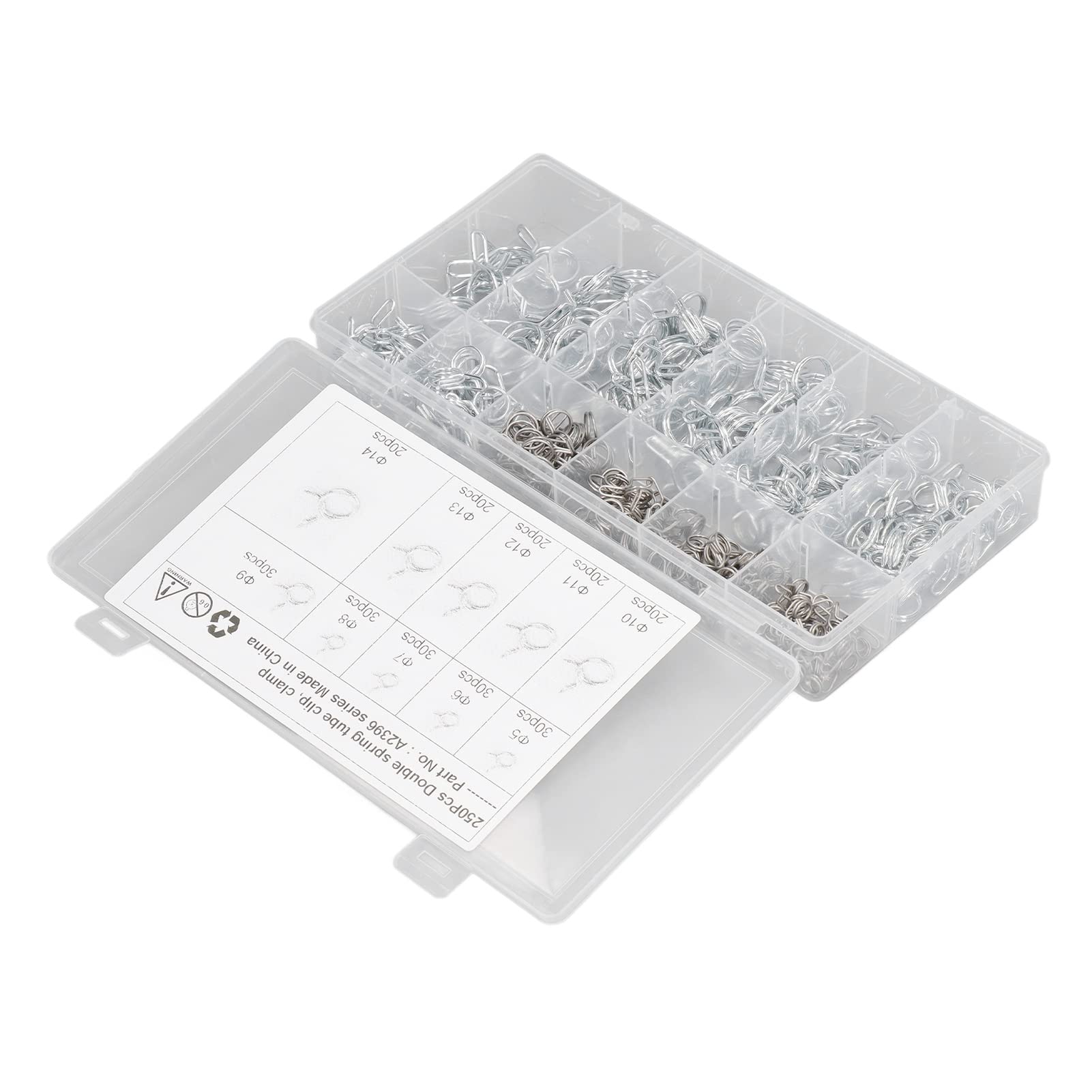 Hyuduo 250PCS Hose Tube Spring Clamp Set, Blue White Zinc, Easy Installation Double Wire Hose Clamps 5mm to 14mm for Garden and Irrigation