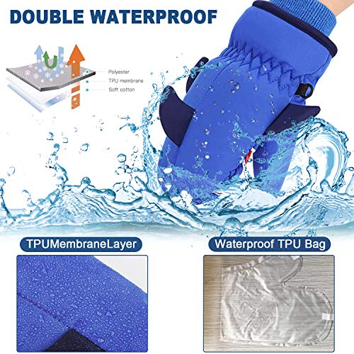 7-Mi Snow Gloves For Kids Tpu Waterproof Thermal Fleece Warm Windproof Soft Cotton Anti-Lost Winter Snow Mitten For Children Boys Girls 4-6 Years Skiing & Snowboarding Outdoor Playing Navy Blue #TOP2