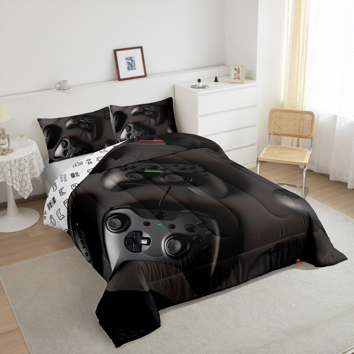 Loussiesd Zestaw kołder dla graczy King Gaming Down Comforter dla dziewcząt nastolatków nowoczesny kontroler konsoli do gier zestaw pościeli joystick dekoracja pokoju czarna kołdra zestaw