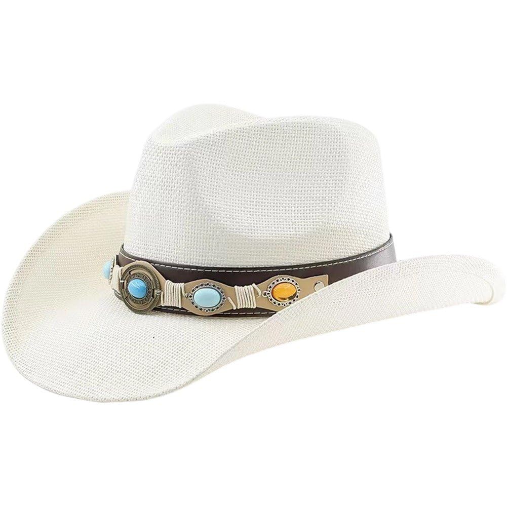 Sslvya Vintage Straw Cowboy Hat with Decorated Bands Summer Wide Brim Western Style Hat Cowgirl Cap for Cowboy Party
