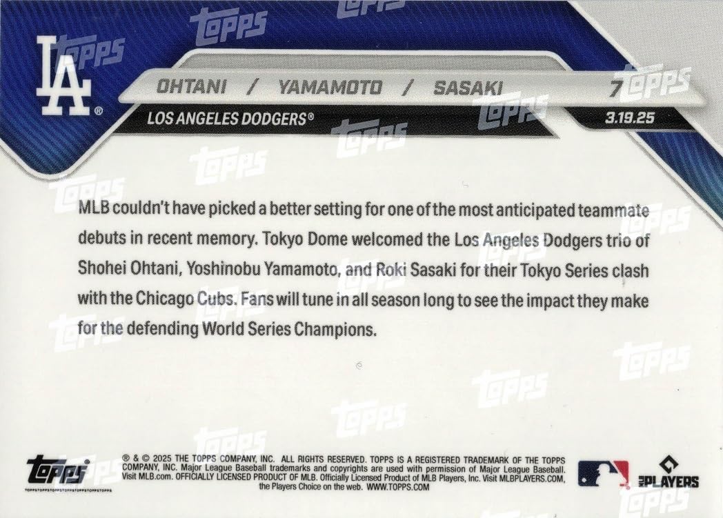 2025 Topps Now #7 Shohei Ohtani Yoshinobu Yamamoto Roki Sasaki Dodgers Baseball Card from Sasaki's Rookie Season